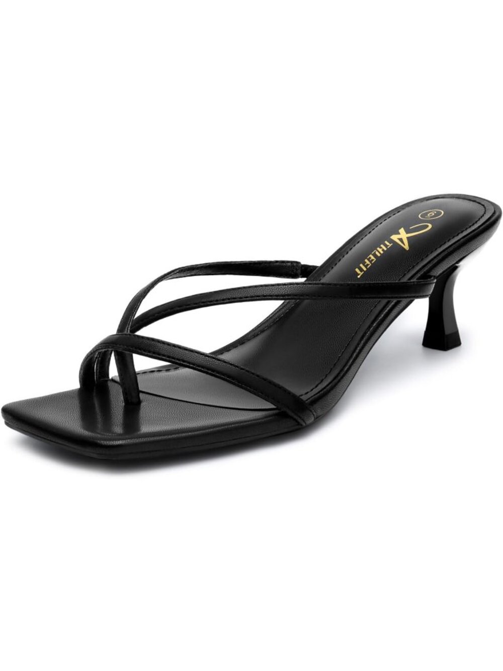 Women's Black Square Toe Kitten Low Heels Non Slip Strappy Sandals Cushioned